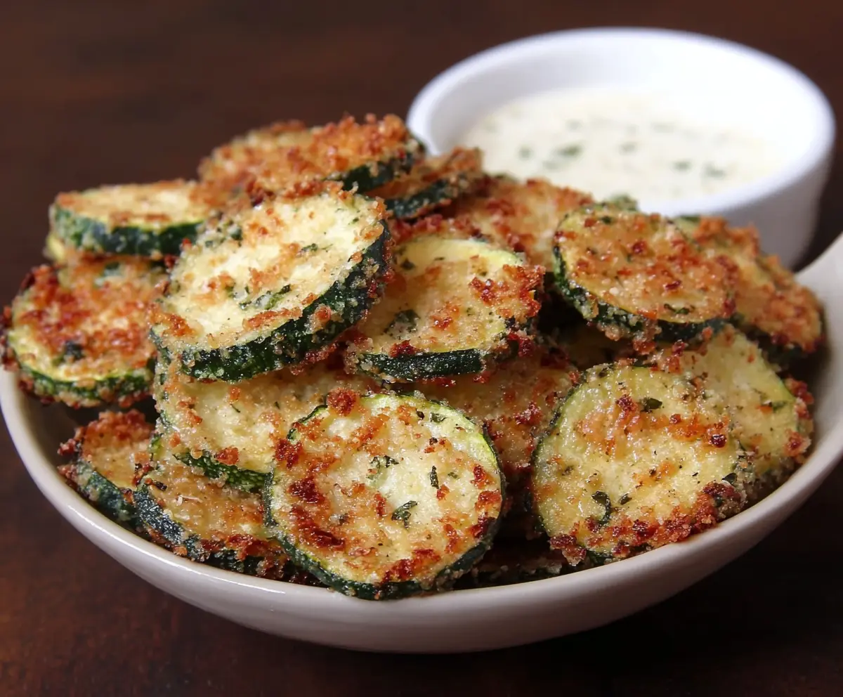 Crispy Garlic Parmesan Zucchini Chips baked to golden perfection, a healthy snack option.