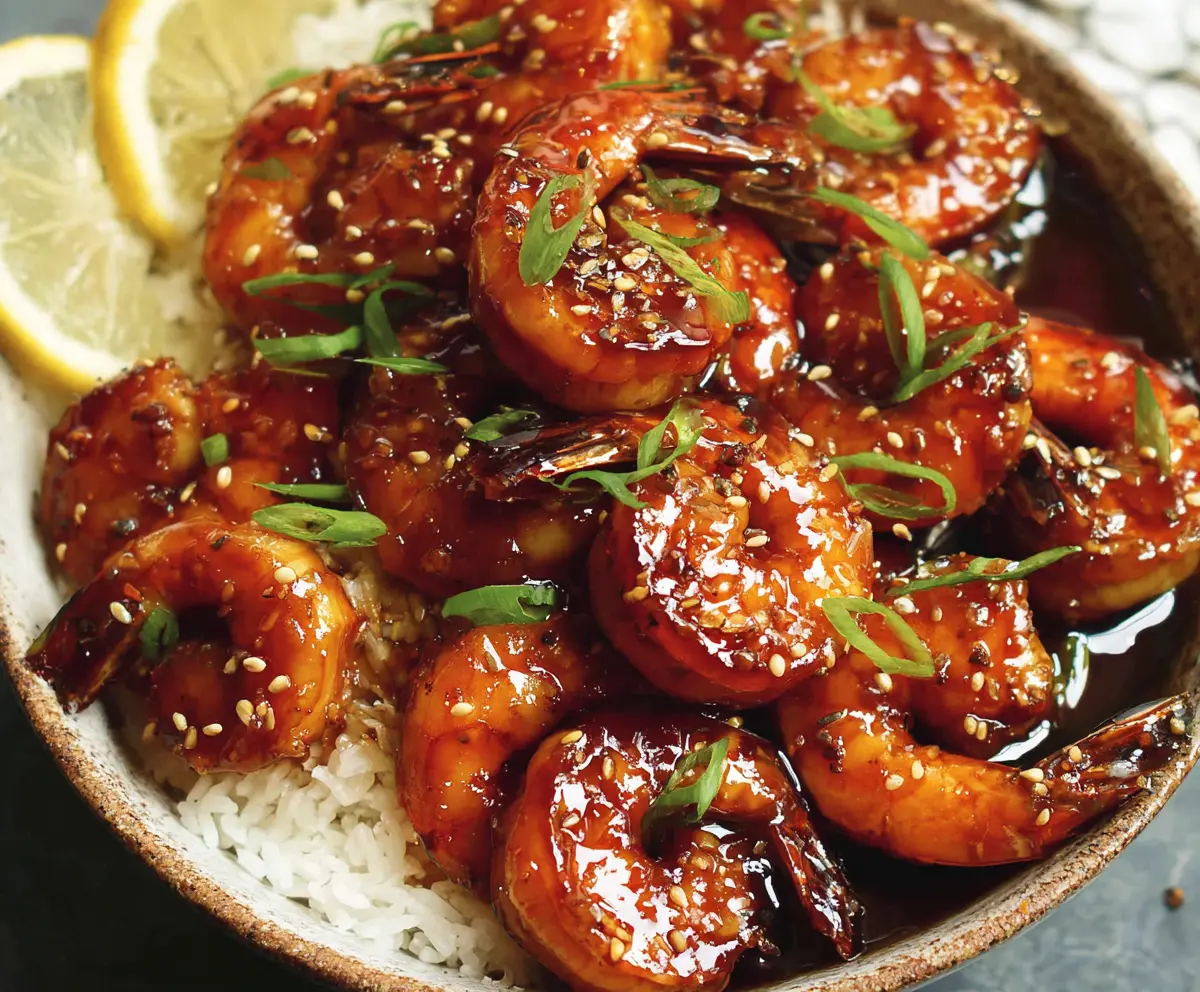 Delicious glazed honey garlic shrimp served on a plate, showcasing a glossy sauce and perfectly cooked shrimp.