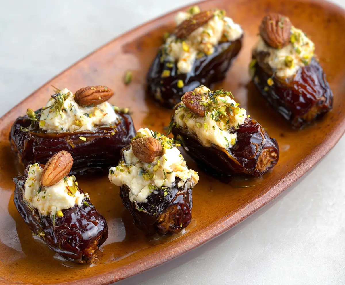 Delicious goat cheese stuffed dates garnished with herbs on a white plate.