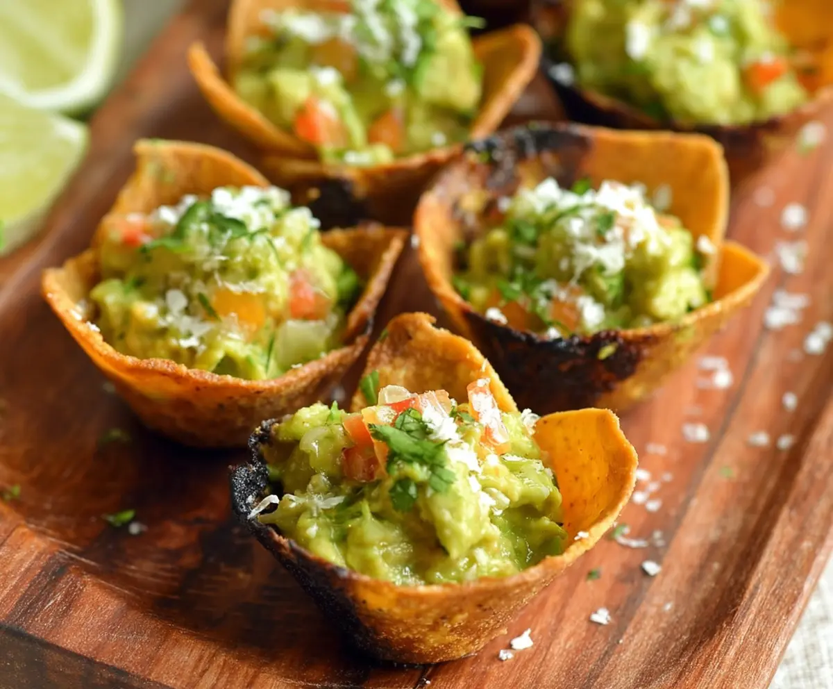 Delicious guacamole served in crispy cup-shaped tortilla chips for a tasty appetizer.