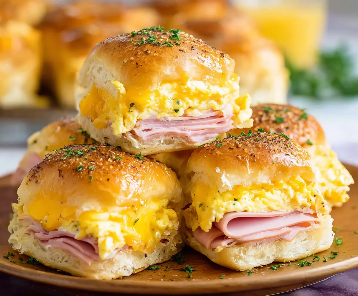 Delicious Ham and Cheese Breakfast Sliders with melted cheese and savory ham on a plate.