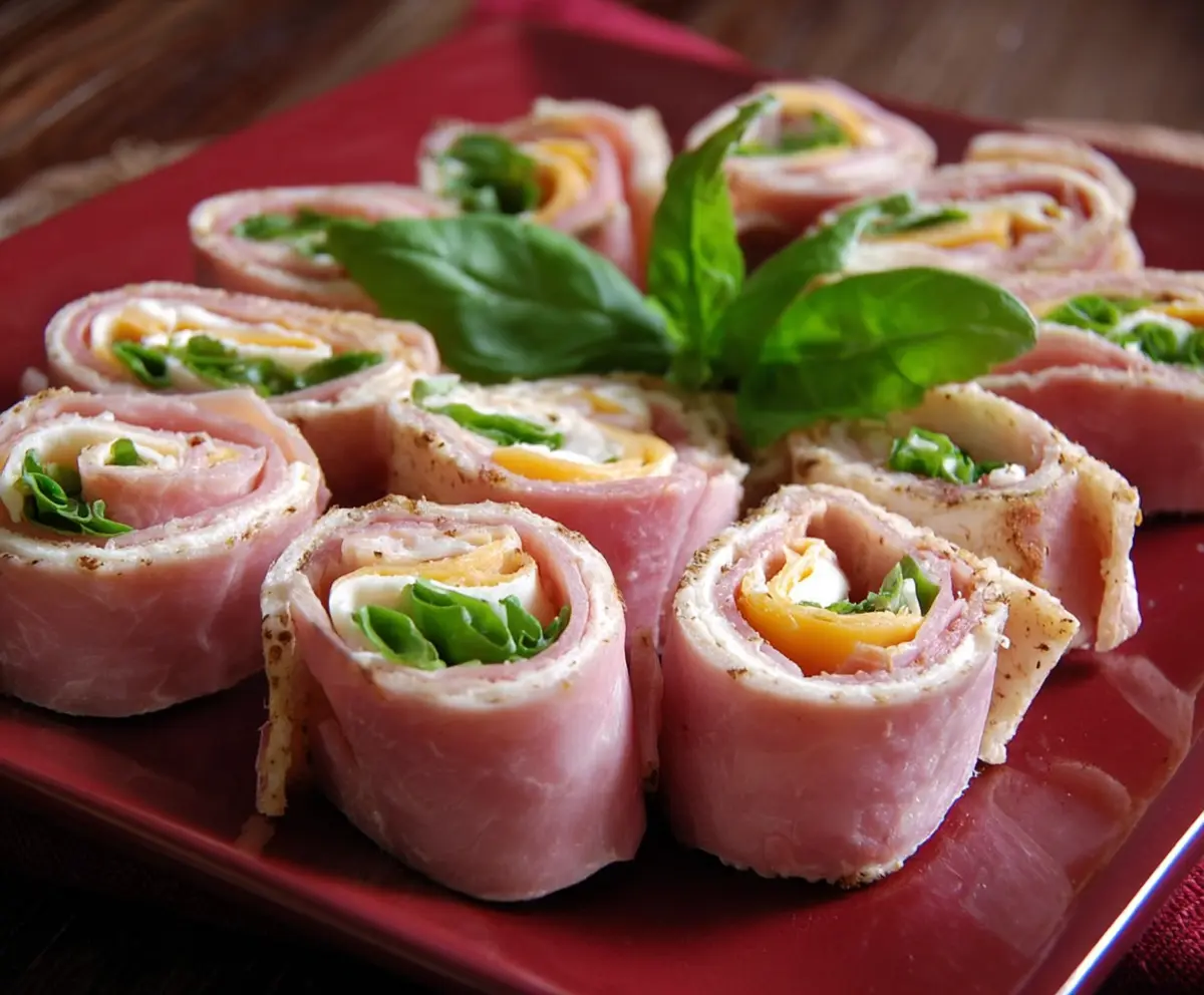 Delicious ham roll ups filled with cheese and herbs, perfect for appetizers.