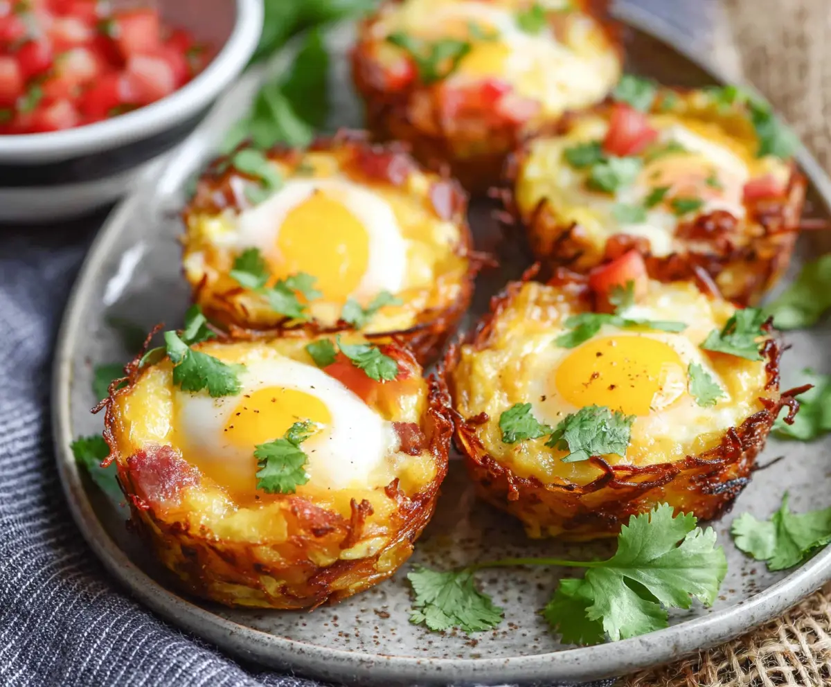 Delicious hash brown and egg cups served for breakfast with crispy hash browns and fluffy eggs.