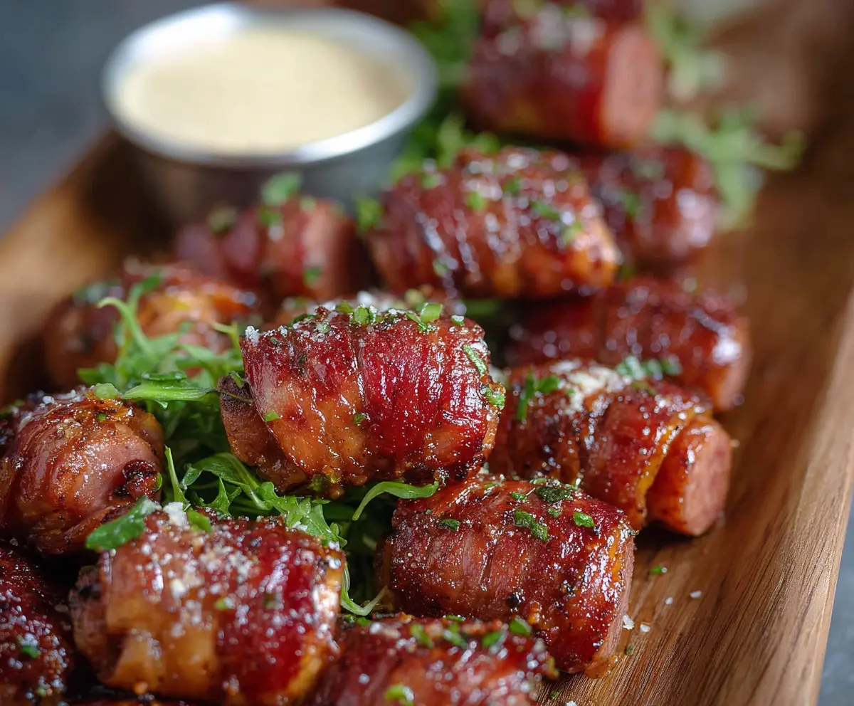 Delicious Hasselback Kielbasa Bites garnished with herbs on a serving plate