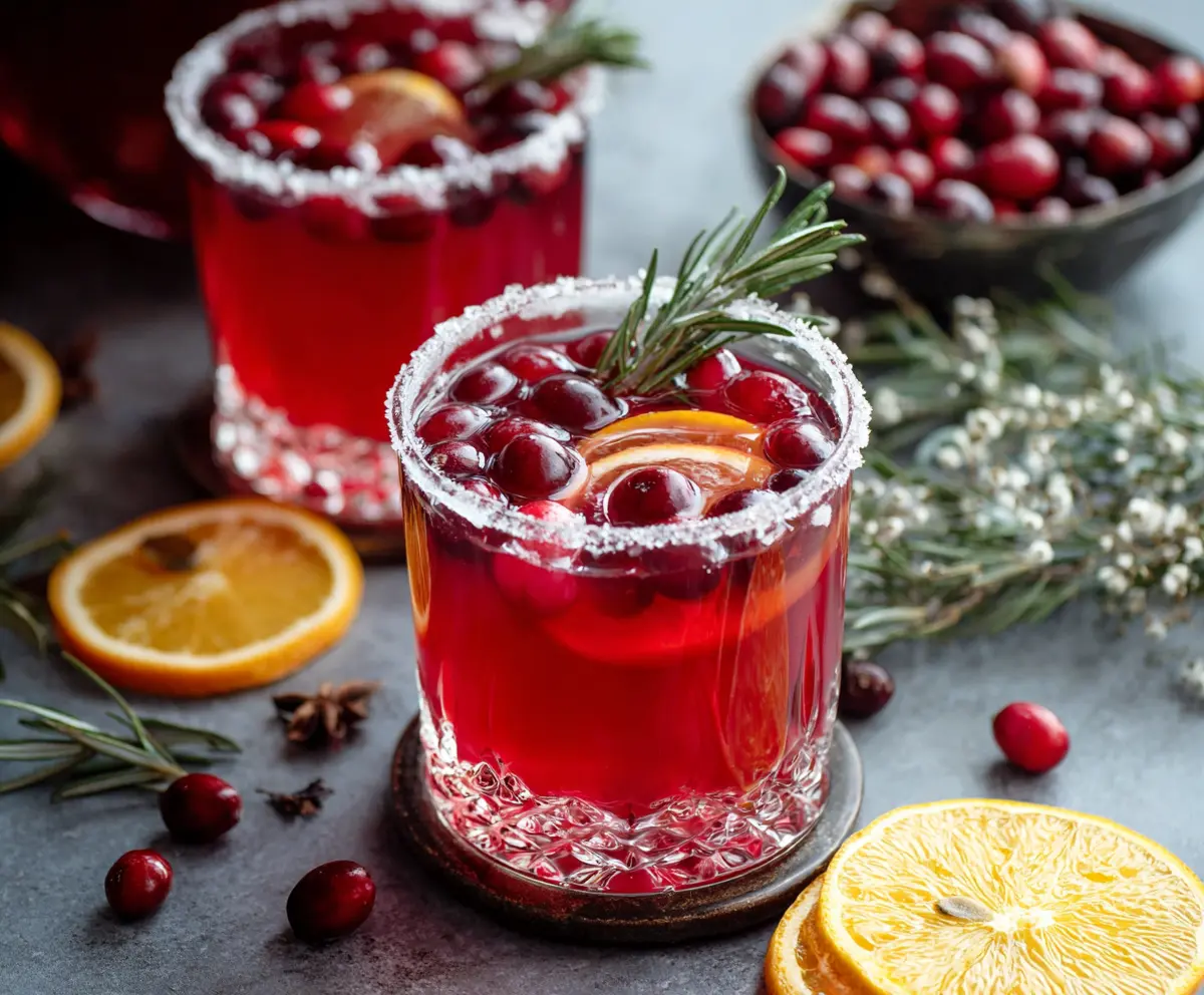 Festive holiday spiked punch cocktail served in a decorative glass with fruit garnishes.