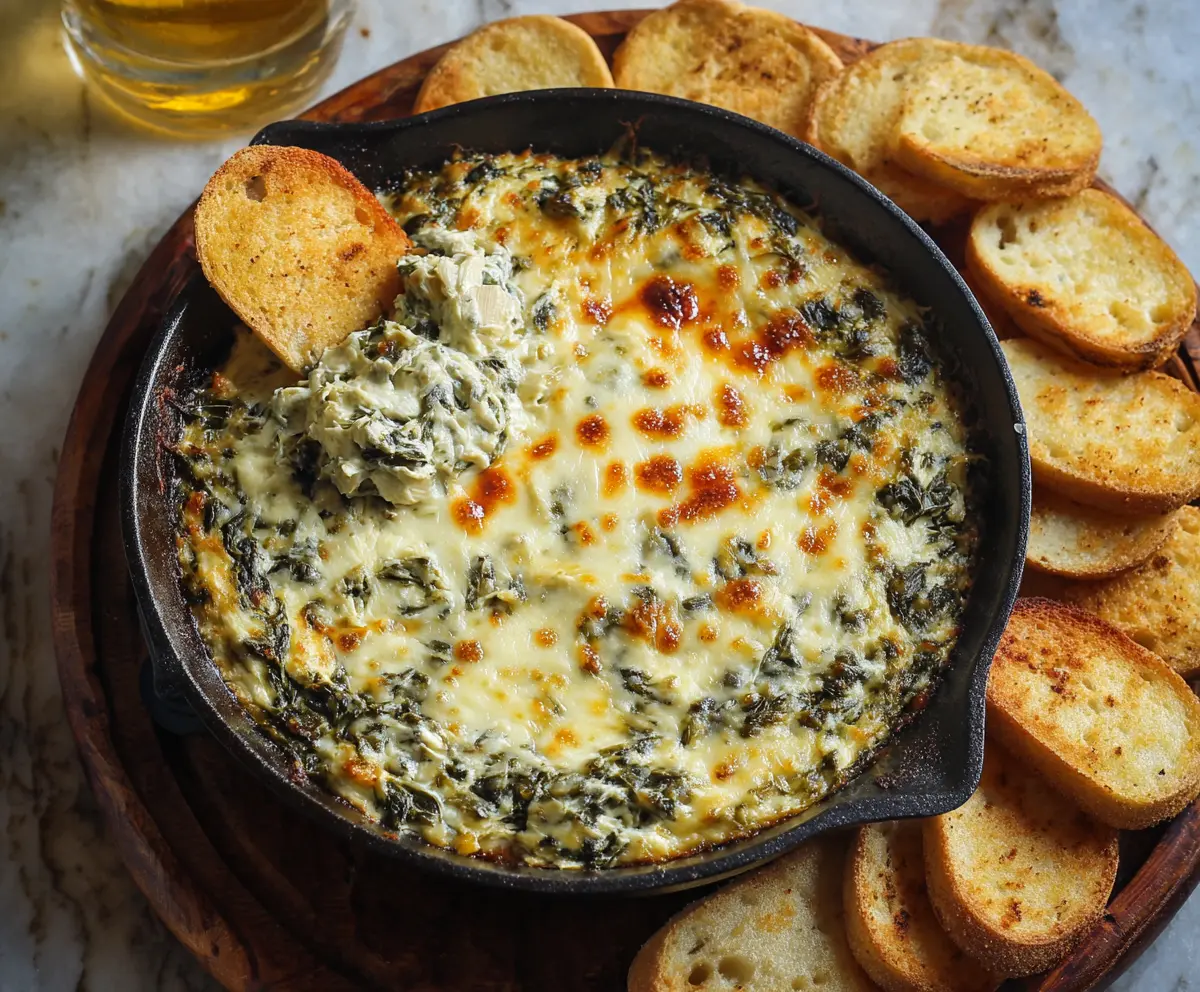 Creamy hot spinach artichoke dip served with crispy chips, perfect for entertaining.