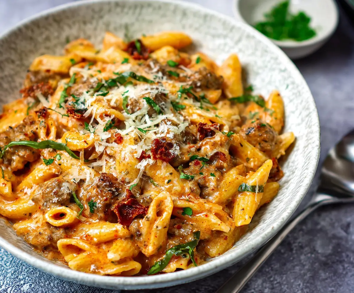 Delicious creamy sausage pasta cooked in an Instant Pot, garnished with fresh herbs.