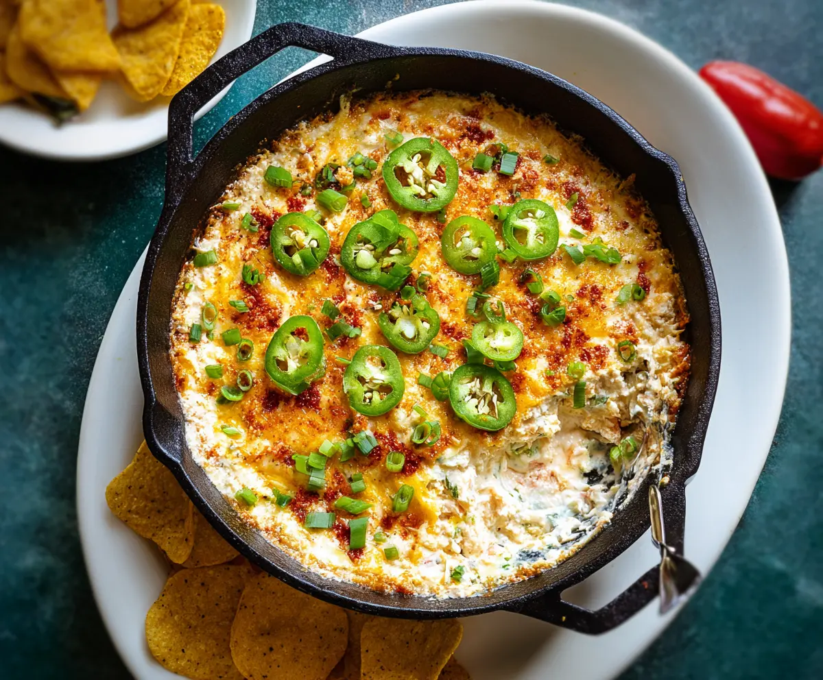 Creamy Jalapeno Popper Protein Dip garnished with fresh herbs and crispy bacon for a spicy appetizer.