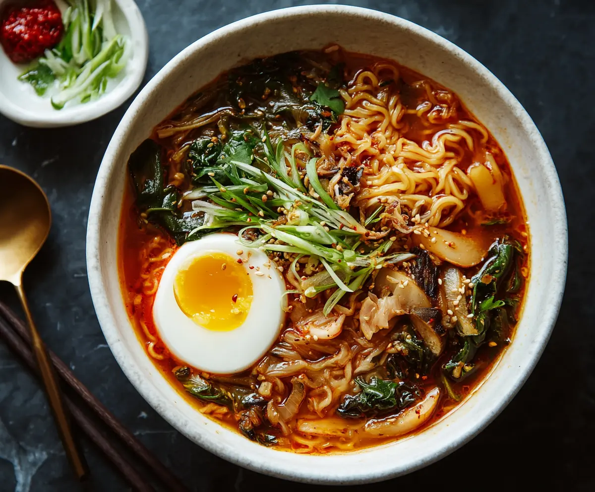 Delicious Kimchi Ramen Soup with spicy broth, noodles, and fresh vegetables served in a bowl.