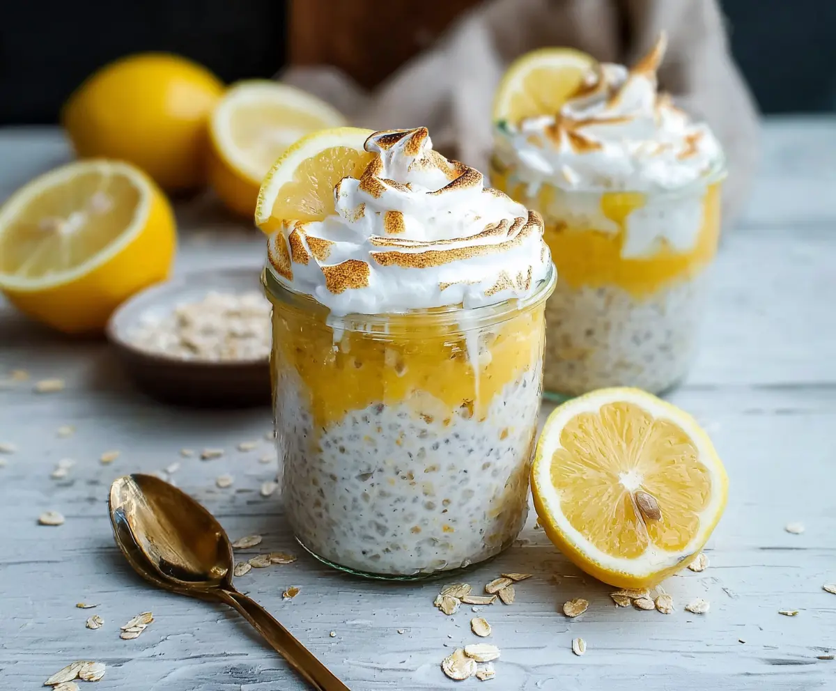 Creamy Lemon Meringue Pie Overnight Oats topped with fluffy meringue and lemon zest.