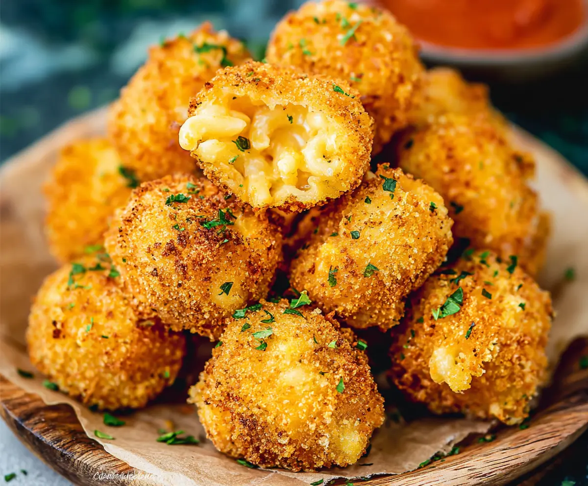Close-up of golden crispy Mac and Cheese Bites served on a plate, perfect for sharing.