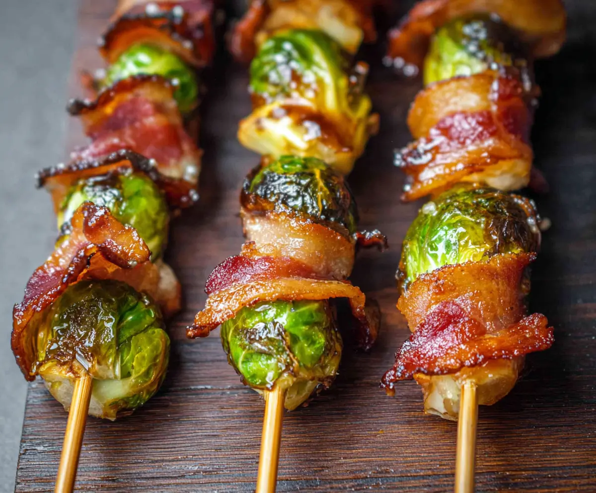 Delicious Maple Bacon Brussels Sprout Skewers on a platter, perfect for appetizer or snack