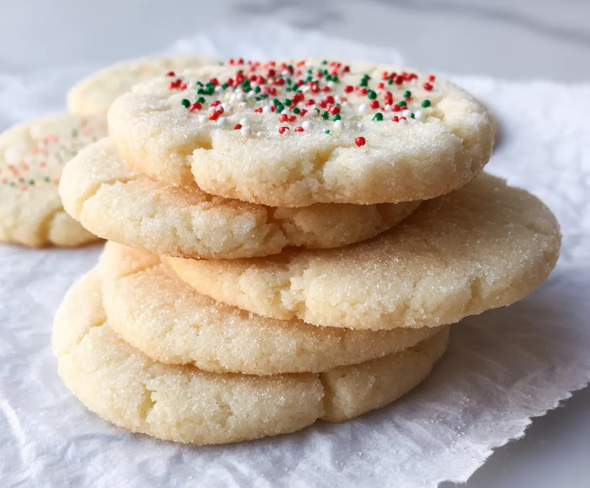 Delicious melt-in-your-mouth sugar cookies fresh out of the oven with a golden crust.