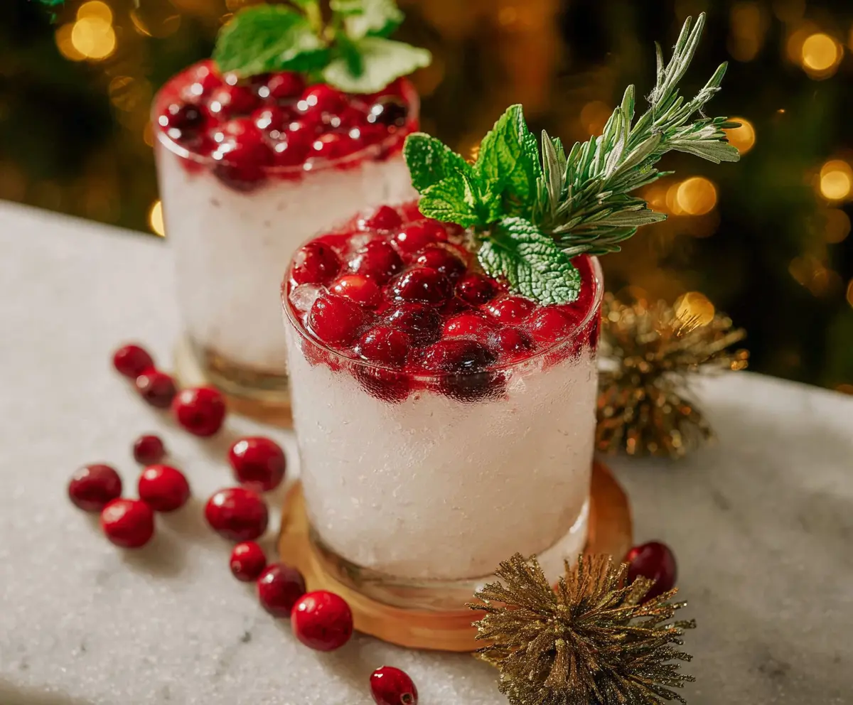 Festive Merry Mistletoe Cocktail garnished with mistletoe and citrus slices for holiday celebration.