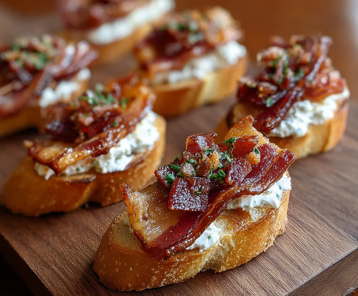 Delicious Million Dollar Bacon Crostini topped with crispy bacon and melted cheese on toasted baguette slices.