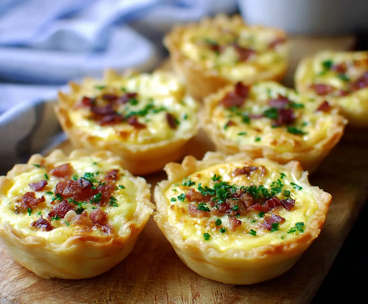 Delicious Mini Quiche Lorraine on a plate, showcasing a golden crust and creamy filling, perfect for brunch or appetizers.