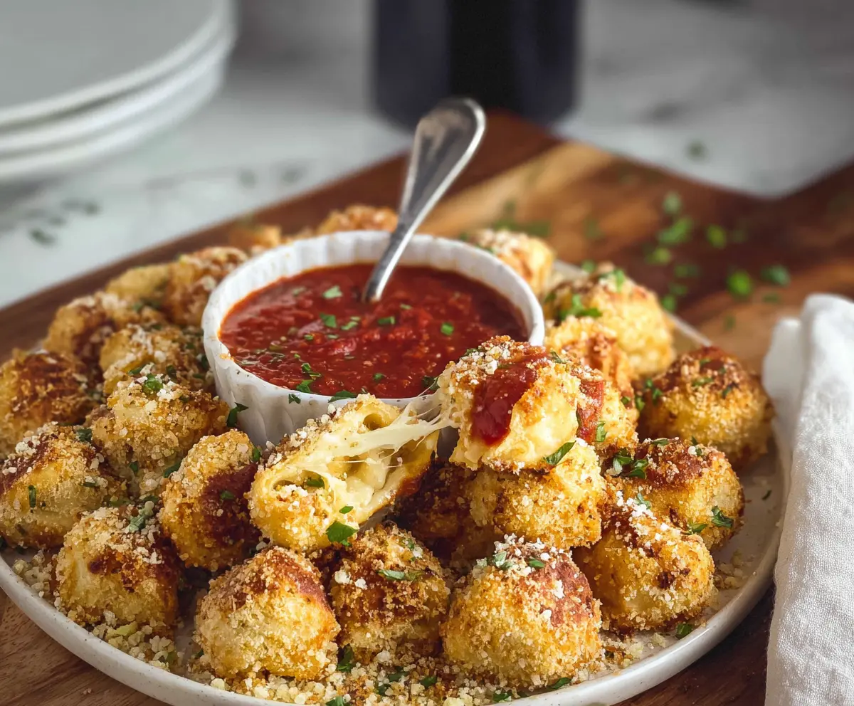 Delicious Parmesan crusted tortellini bites with golden cheese topping, perfect for appetizers or snacks.