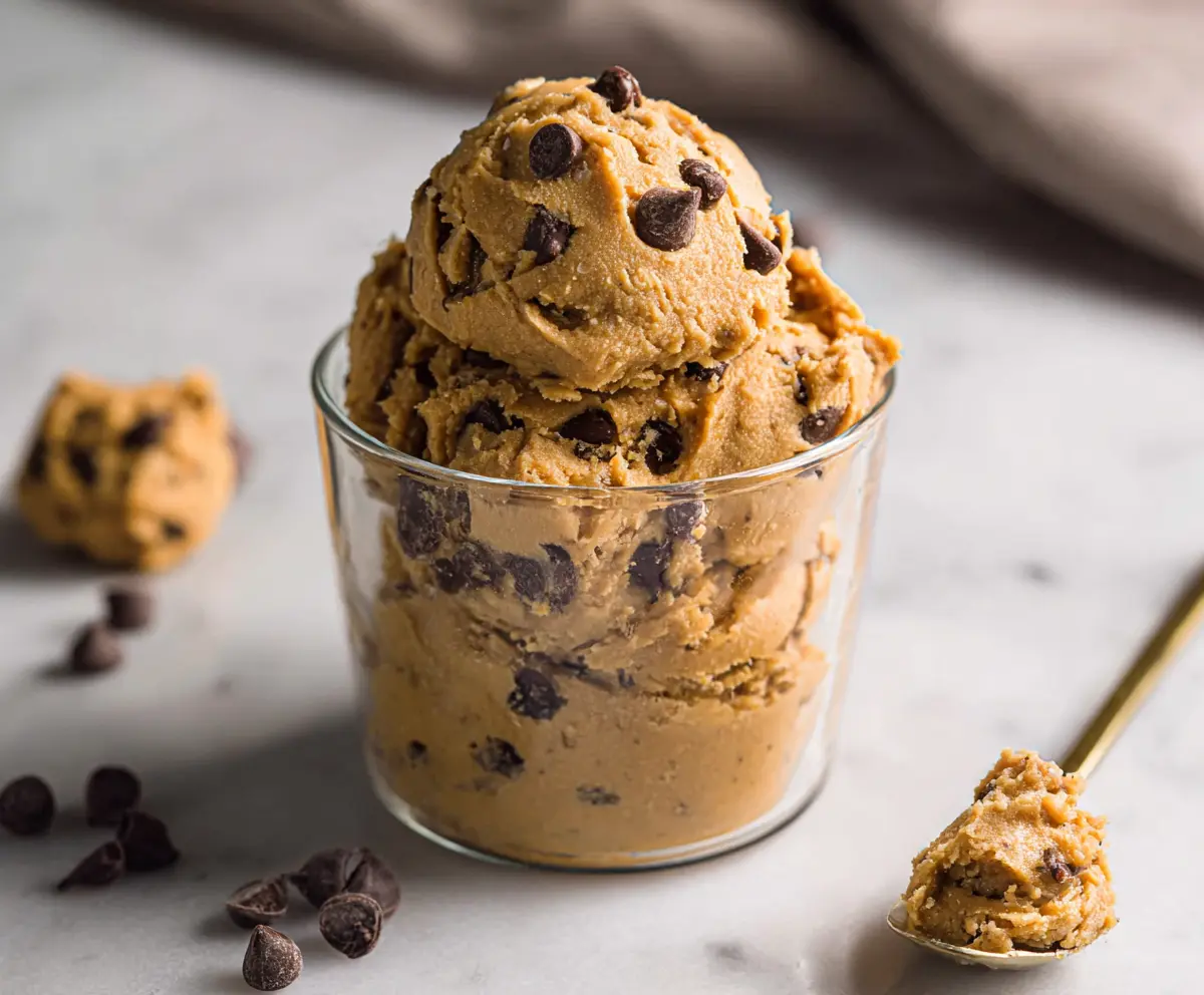 Healthy peanut butter chickpea protein cookie dough served as a delicious snack or dessert.
