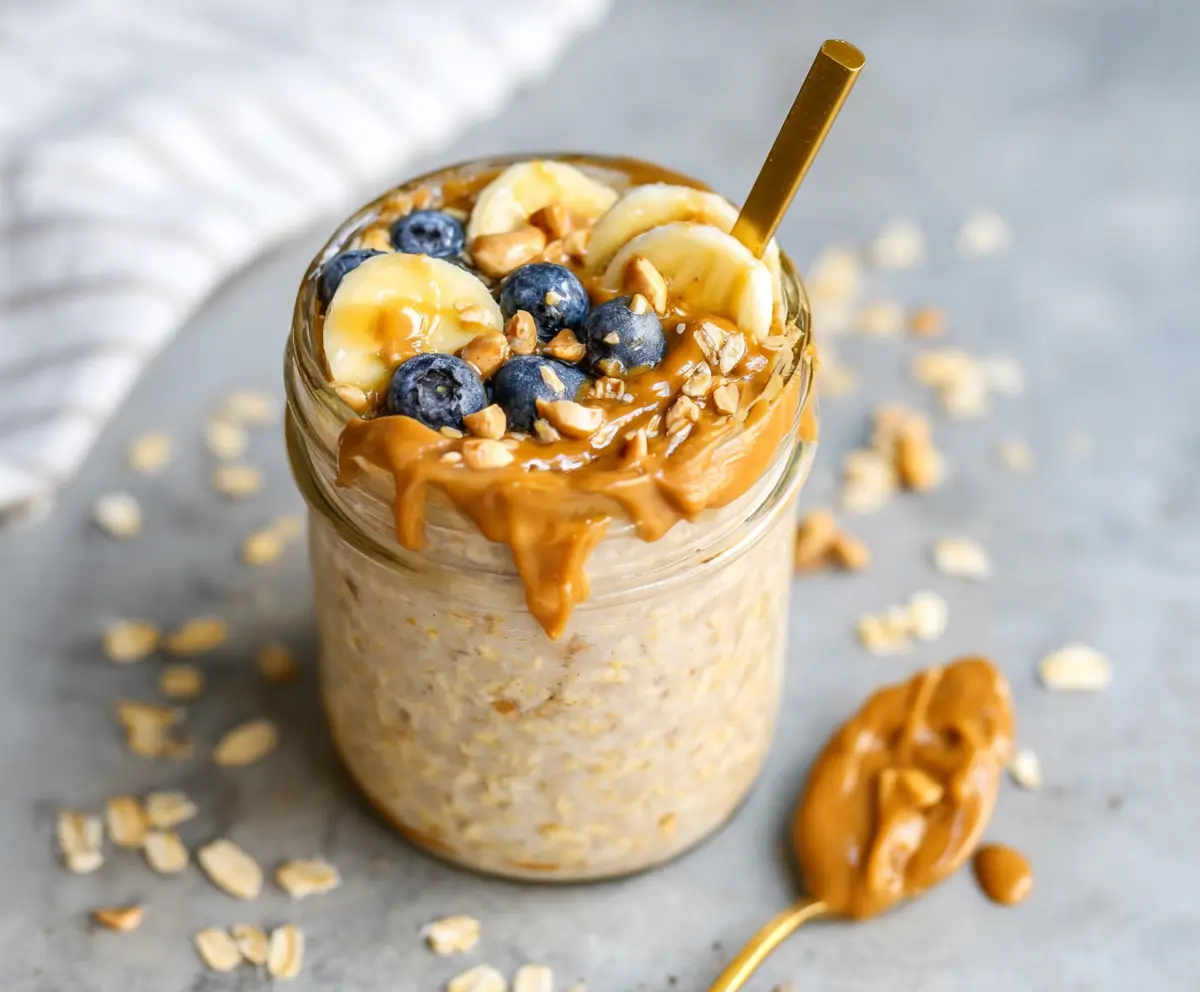 Creamy peanut butter overnight oats in a glass jar topped with fresh fruit for a healthy breakfast.