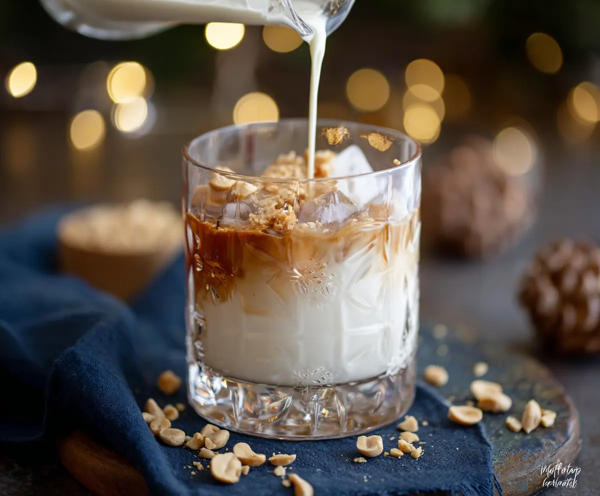 Delicious Peanut Butter White Russian Christmas Cocktail served in a festive glass.