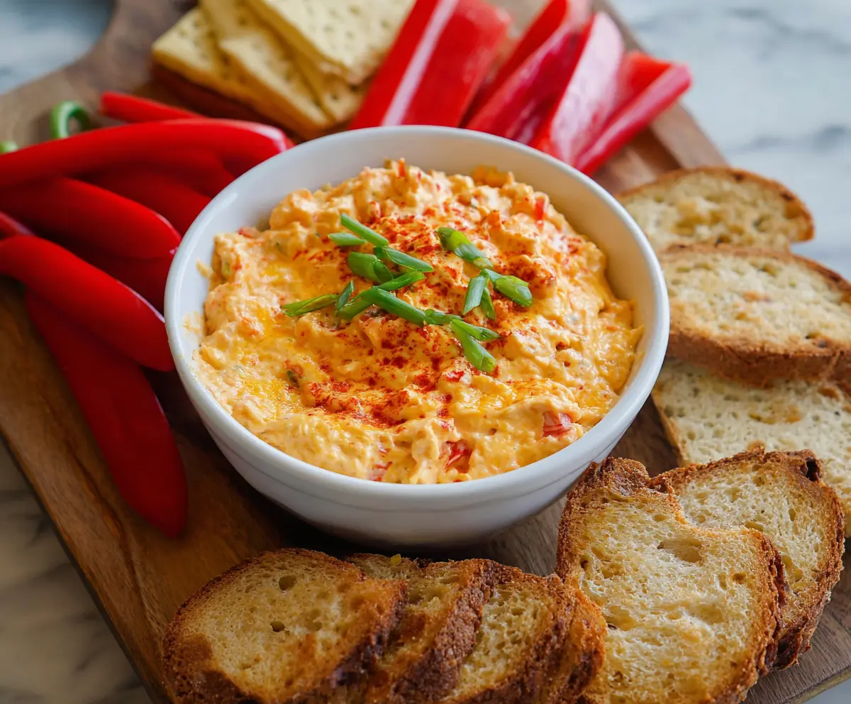 Creamy pimento cheese dip served with crackers and celery sticks, perfect for snacking or parties.