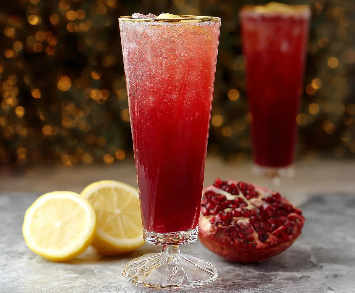Refreshing Pomegranate Ginger Sparkler in a tall glass with fresh pomegranate seeds and a slice of ginger.