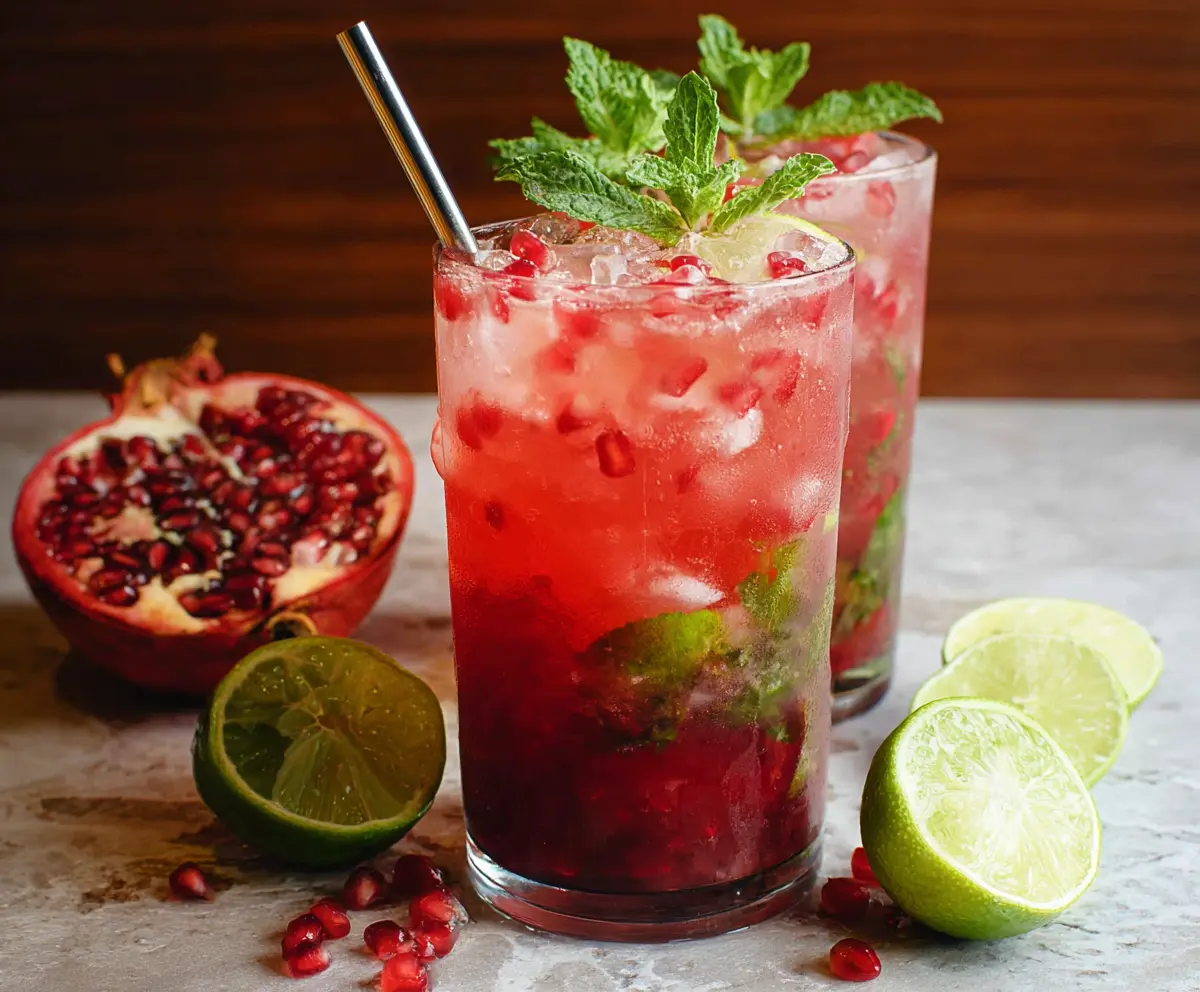Refreshing Pomegranate Mojito cocktail garnished with fresh mint leaves and pomegranate seeds.