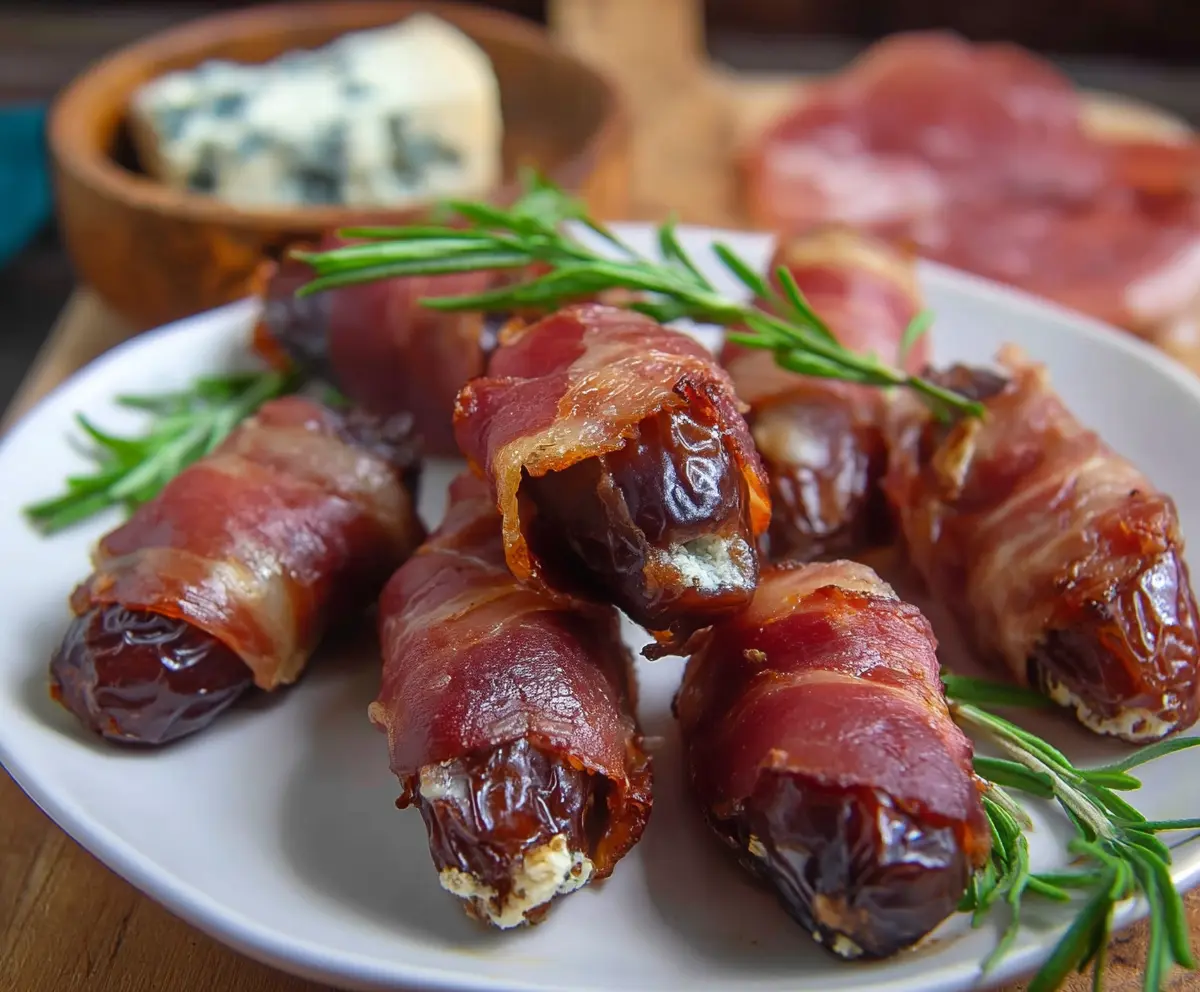 Delicious prosciutto wrapped dates appetizer garnished with fresh herbs.