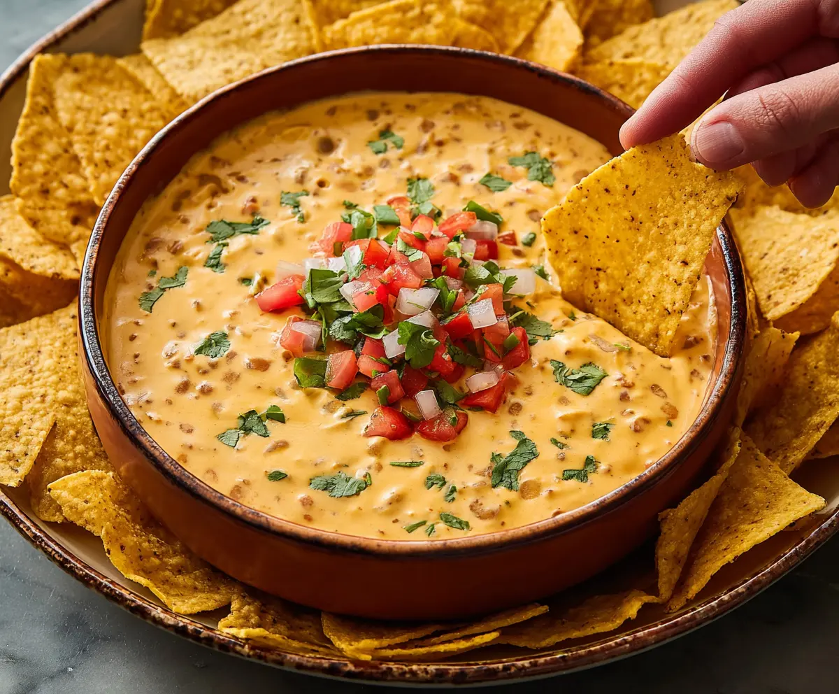 Creamy and cheesy queso dip served with tortilla chips on a colorful platter.