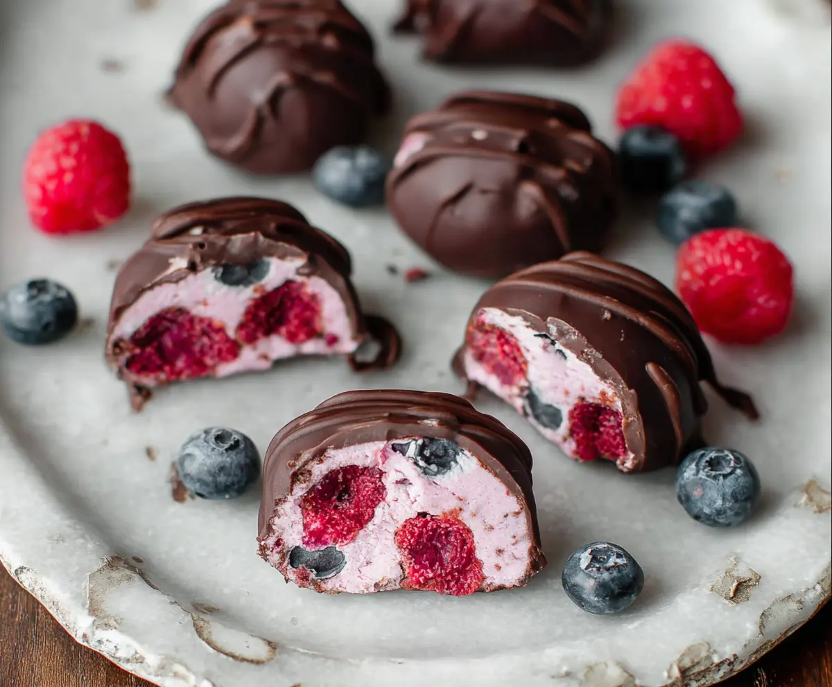 Delicious Raspberry Dark Chocolate Yogurt Bites, a healthy sweet treat perfect for snacking.