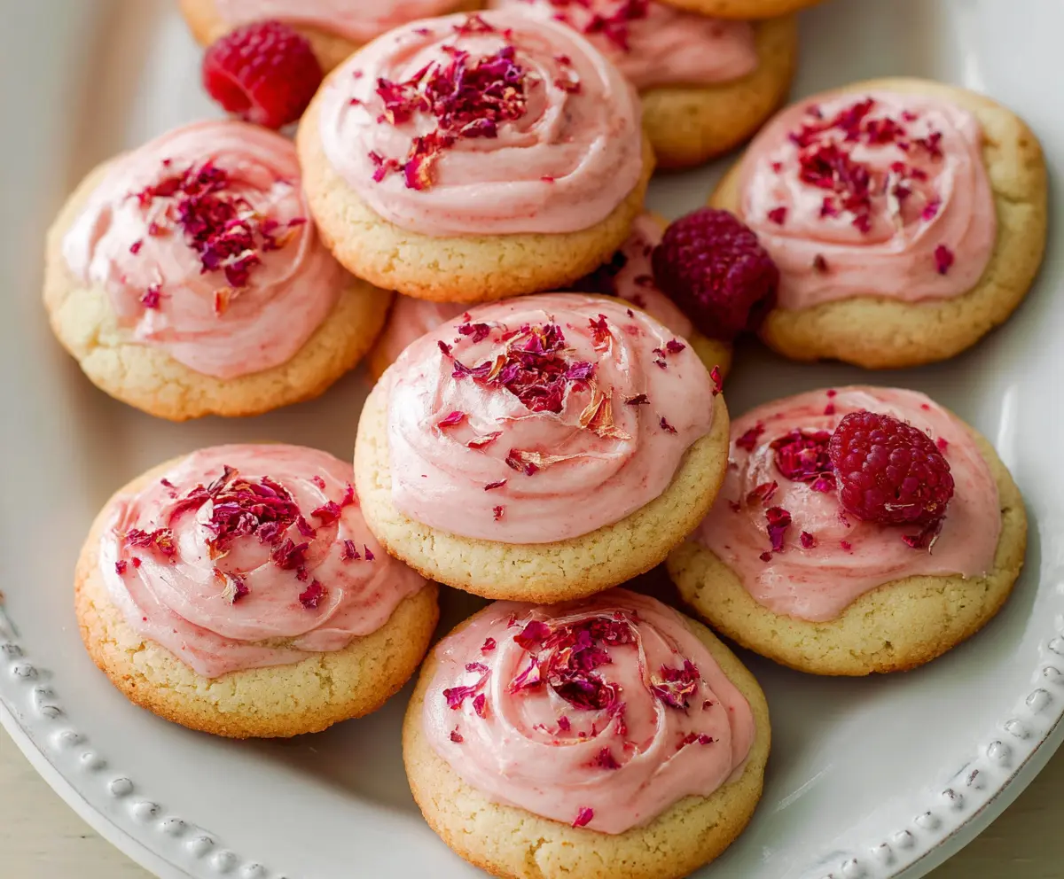 Dessert image of Raspberry Rose Cookies with pink icing and fresh raspberries on top