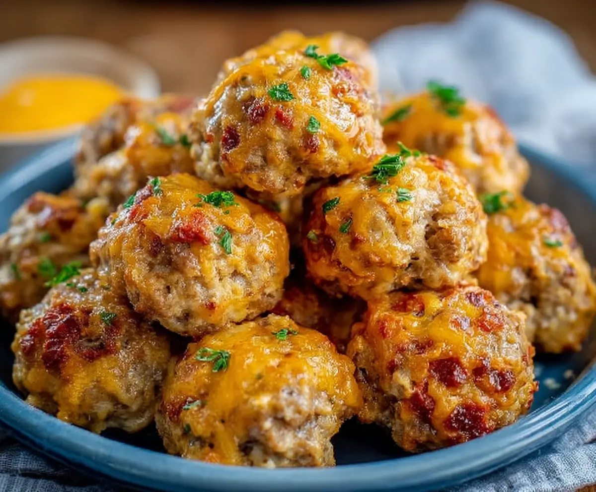 Delicious homemade sausage balls on a serving plate, perfect for snacks or parties.