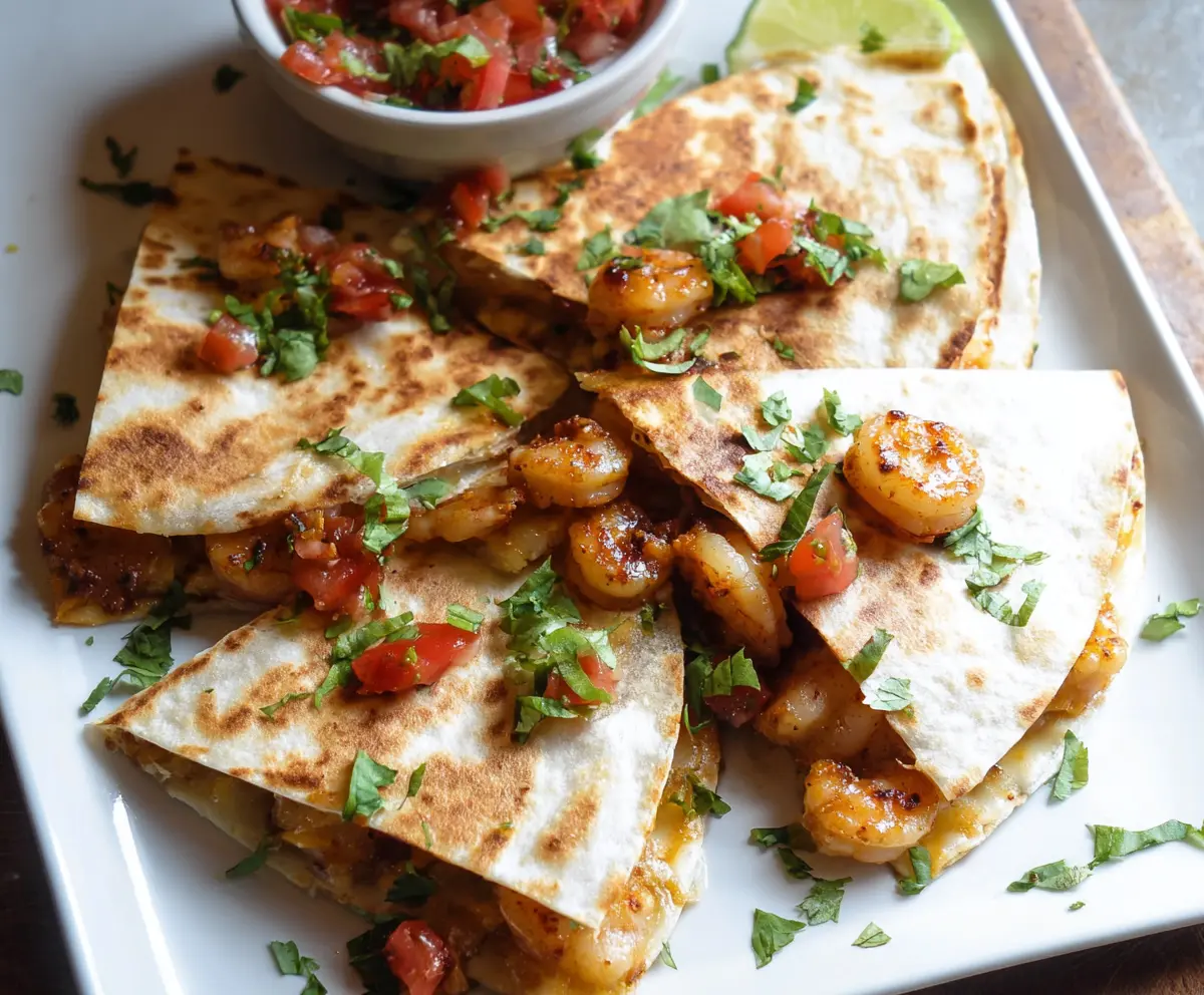 Delicious shrimp quesadillas filled with melted cheese and fresh seafood on a serving plate.