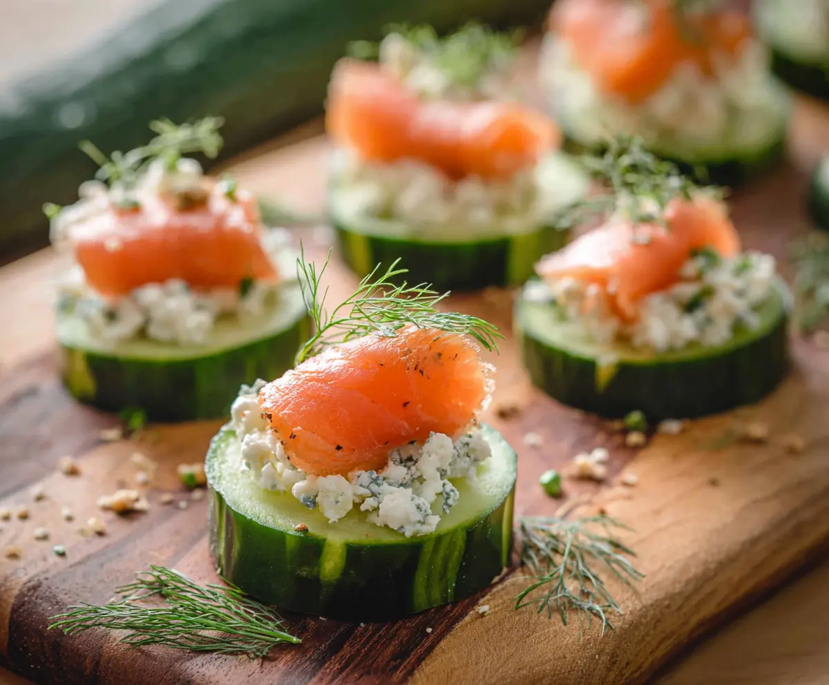 Delicious smoked salmon cucumber bites served on a platter, perfect for appetizers and parties.