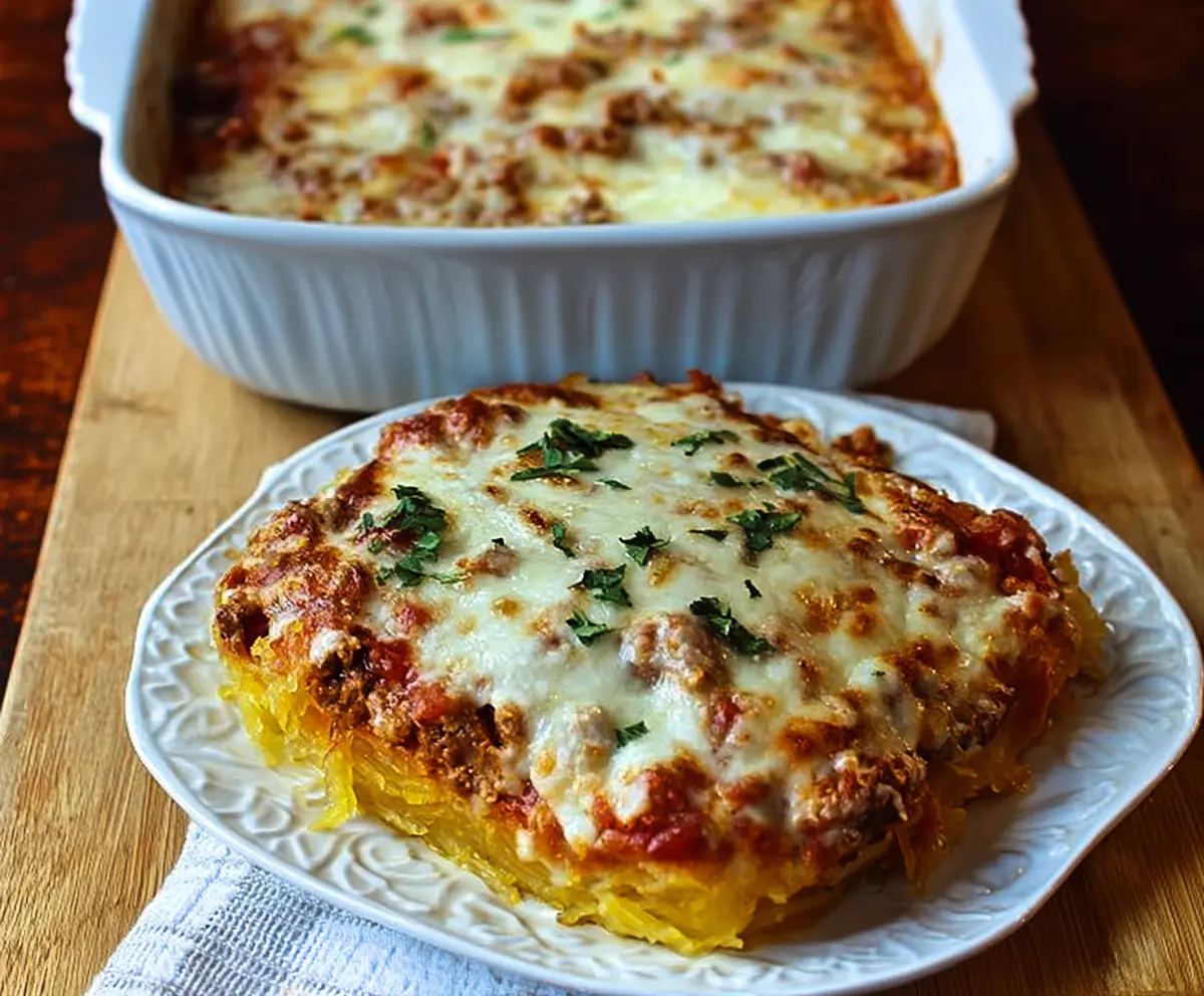 Delicious Spaghetti Squash Lasagna layered with tomato sauce and melted cheese