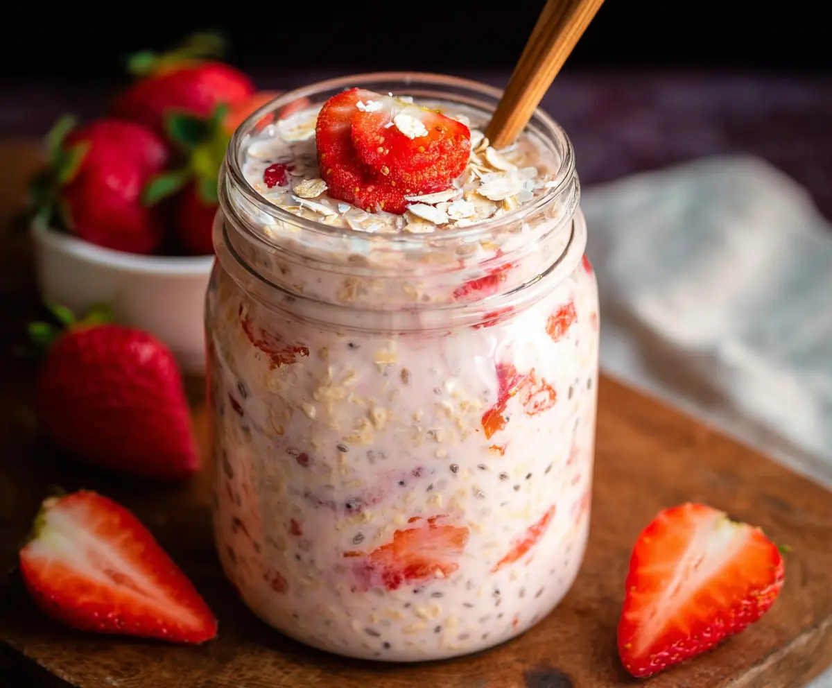 Creamy strawberry overnight oats in a glass jar with fresh strawberries and honey.