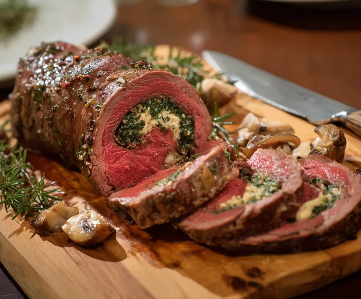 Delicious stuffed beef tenderloin dish with savory filling and roasted herbs.