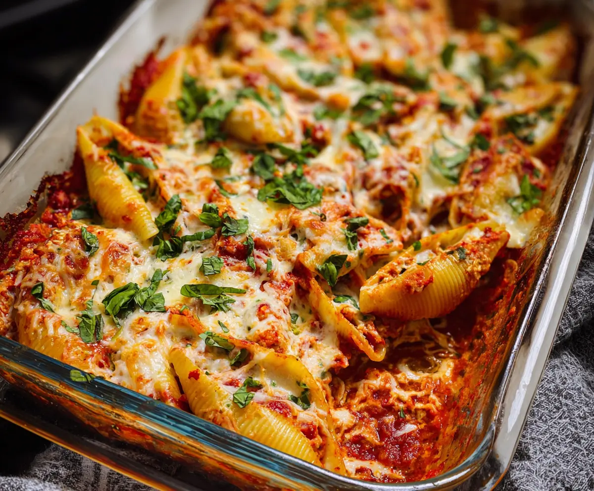 Delicious baked stuffed shells filled with cheese and topped with marinara sauce.