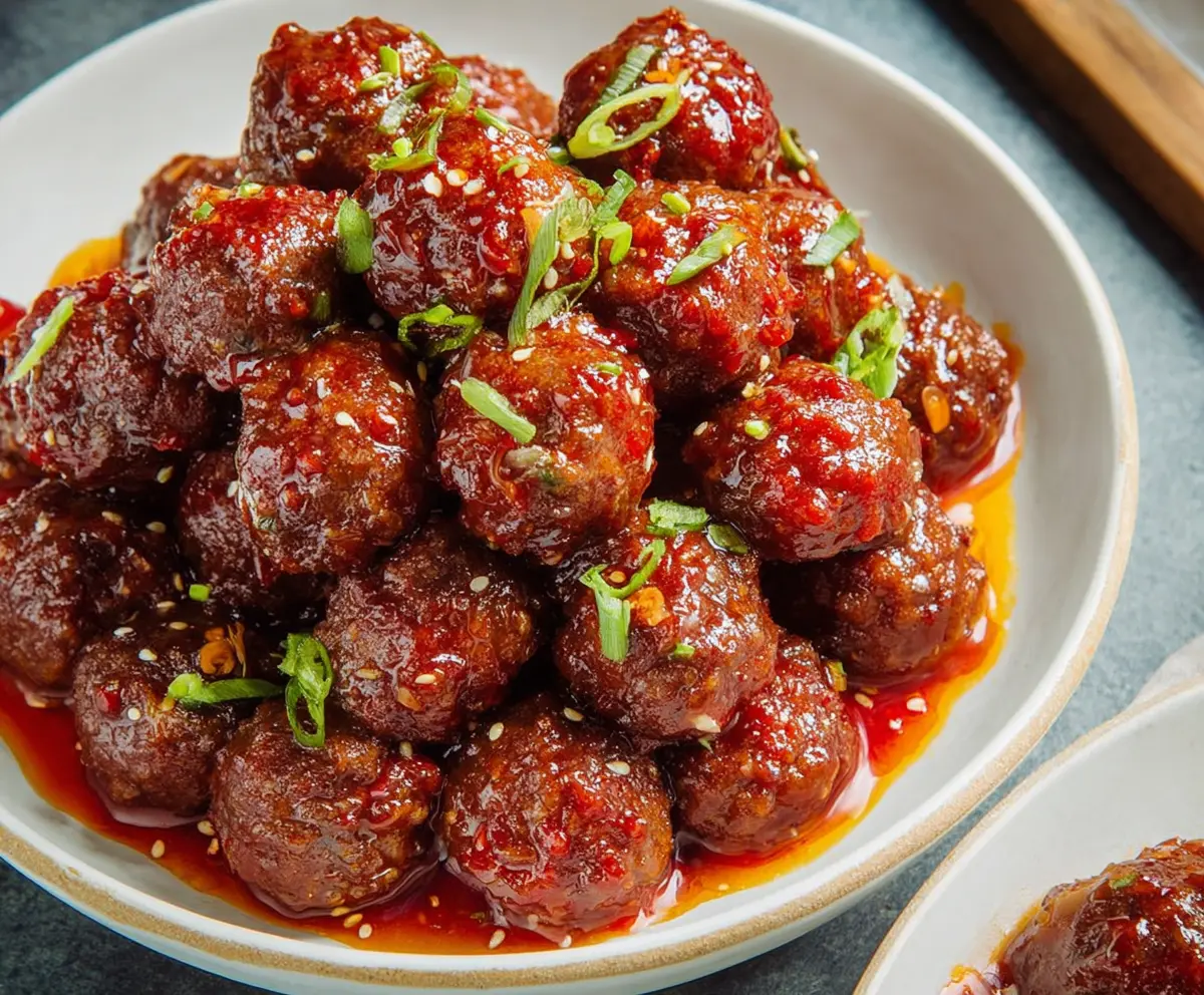 Plate of sweet and spicy meatballs garnished with herbs, perfect for appetizer or dinner.