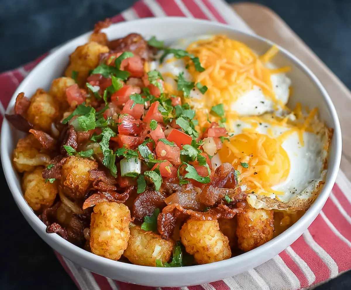 Savory Tater Tot Breakfast Bowl with eggs, cheese, and fresh vegetables