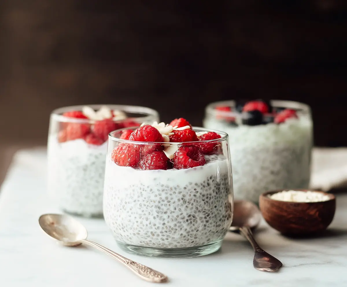 Creamy vanilla chia seed pudding topped with Greek yogurt and fresh berries, perfect for a healthy breakfast or snack.