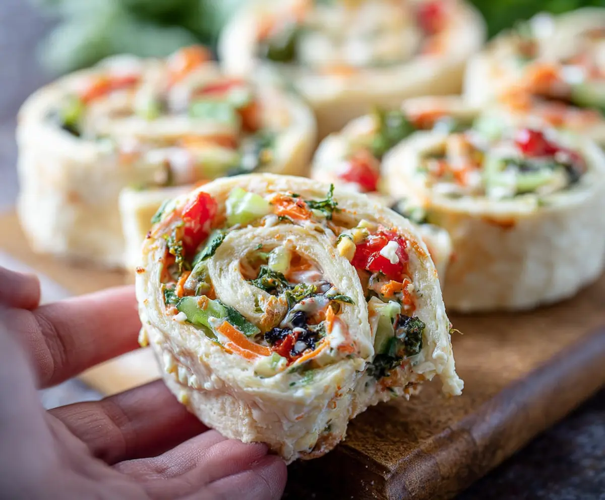 Delicious veggie pizza pinwheels with colorful vegetables and melted cheese