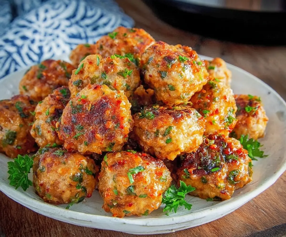 Crunchy Air Fryer Bang Bang Chicken Meatballs served with spicy dipping sauce.
