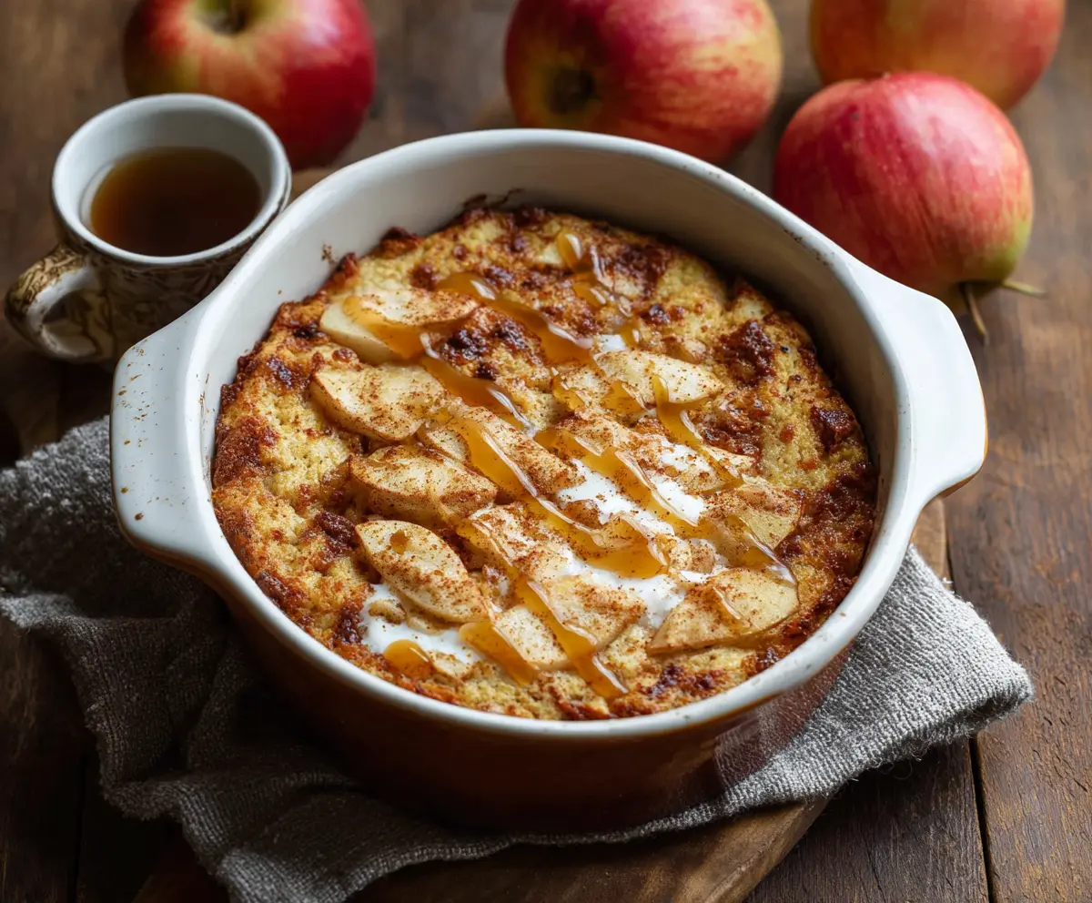 Delicious Apple Cinnamon Cottage Cheese Bake served hot with a golden-brown crust.