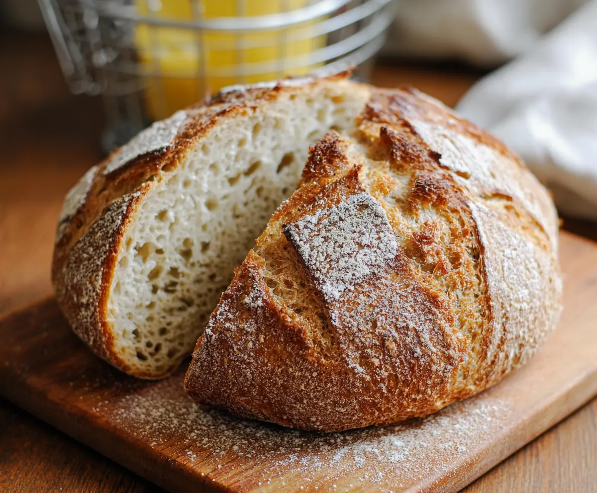 Crusty artisan sourdough bread with a golden-brown crust and airy interior on a rustic wooden board.