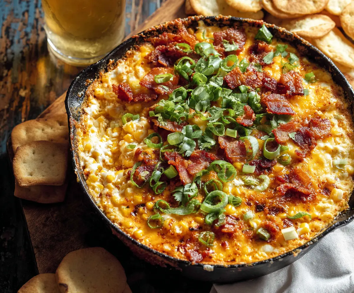 Creamy Bacon Bliss Hot Corn Dip with crispy bacon pieces and melted cheese in a serving bowl.