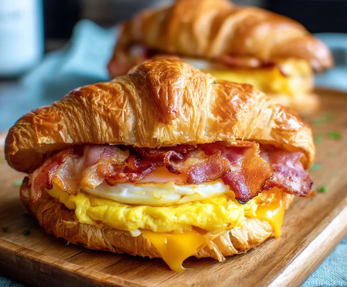 Delicious bacon egg croissant sandwich with melted cheese for a hearty breakfast
