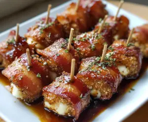 Delicious bacon mozzarella poppers topped with sweet maple glaze, perfect appetizer for parties.