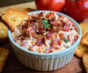 Delicious bacon tomato dip served in a white bowl, perfect for snacks and parties