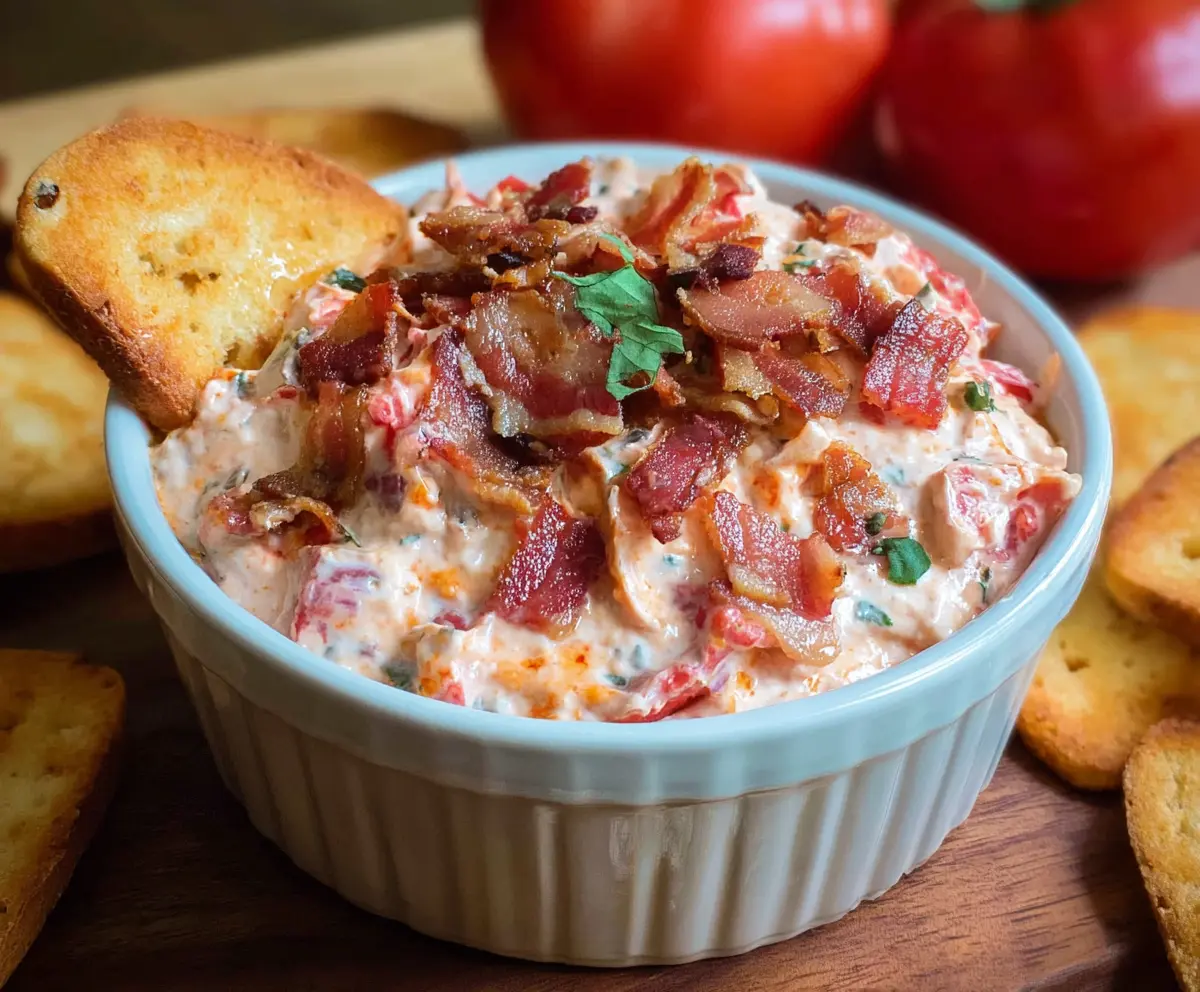 Delicious bacon tomato dip served in a white bowl, perfect for snacks and parties